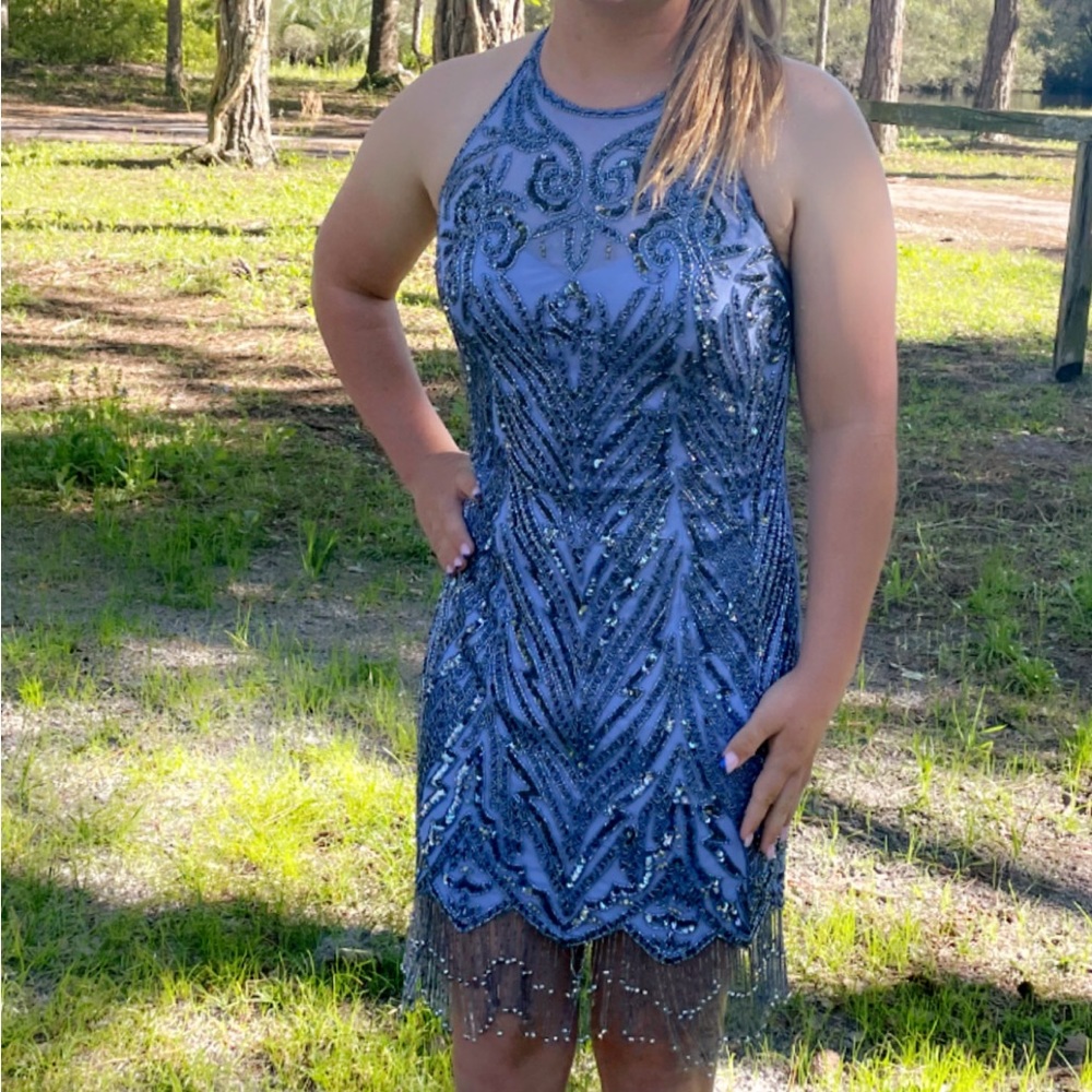 Size 2 Sherri Hill blue, beaded dress. Homecoming, prom or formal